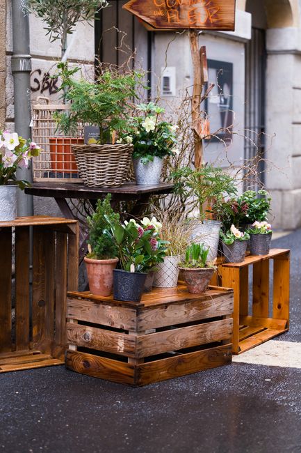 An outdoor display of various potted flowers arranged on rustic wooden crates, featuring white, pink, and purple blooms with green foliage, some with dense petals and others with more open, airy flowe