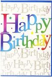 This richly coloured birthday card looks as though it has captured the happy buzz of a birthday party just off Finchley Road, all energy and anticipation. Across the front, the words Happy Birthday are rendered in big, friendly letters that stretch from edge to edge, every character bathed in a different shade from a full rainbow palette. Deep reds and rosy pinks fade into tangy oranges, lemon yellow, grassy green, and cool blues before drifting into inky purples, the colours softly blending at each transition like petals arranged in a well-balanced celebratory bouquet. The letters have a smooth, satin-like appearance, with gentle gradations that lend them softness and warmth, rather than a harsh digital edge. Behind this leading phrase, the background is filled with fine, repeating lines of gold script spelling out Happy Birthday to you, again and again, as though the card itself is humming the familiar tune under its breath. The metallic gold ink glimmers subtly when it catches the light, reminiscent of fairy lights twinkling in a Swiss Cottage apartment window during an evening gathering. Sprinkled around the main text, tiny stars and flecks in complementary colours add a confetti-like touch, suggesting movement and celebration while still keeping the design uncluttered. The surface appears smooth and slightly glossy, as if it would glide pleasantly under your fingertips. Overall, the card feels upbeat yet tastefully designed-a perfect partner to a colourful, fresh arrangement delivered locally for a birthday surprise in Swiss Cottage or the surrounding neighbourhoods.