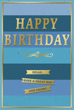 The image presents an elegant birthday card whose calm design mirrors the gentle rhythm of life around Swiss Cottage's side streets. The card face is structured with broad horizontal stripes in layered blues, beginning with a deep, inky navy at the top and gradually softening through teal and ocean tones into a pale, airy blue near the base. This smooth gradient creates a sense of depth, almost like gazing into a serene evening sky above the local rooftops. At the visual centre, the words HAPPY BIRTHDAY dominate in tall, embossed gold capitals, each letter beautifully defined and slightly raised so that the metallic finish picks up any available light, shimmering like the polished brass fixtures in nearby cafés. Beneath this main greeting, a decorative gold flourish sweeps gently across the width of the card, its looping lines adding a romantic, almost handwritten feel. Below the flourish sit three horizontal gold banners arranged in a tidy vertical stack, each ribbon-like band containing part of the friendly sentiment: Relax, have a great day and enjoy! The message reads as a calm, sincere wish rather than a loud exclamation, perfectly in tune with the card's tranquil palette. Encasing everything is a fine gold border that delicately outlines the card, giving it the composed finish of a carefully framed artwork. The blue sections appear soft and velvety to the eye, while the gold details gleam with a subtle, reflective sheen. You can easily imagine this card standing beside a vase of fresh, locally delivered birthday flowers in a Swiss Cottage living room, quietly inviting the recipient to slow down, breathe, and savour their special day.
